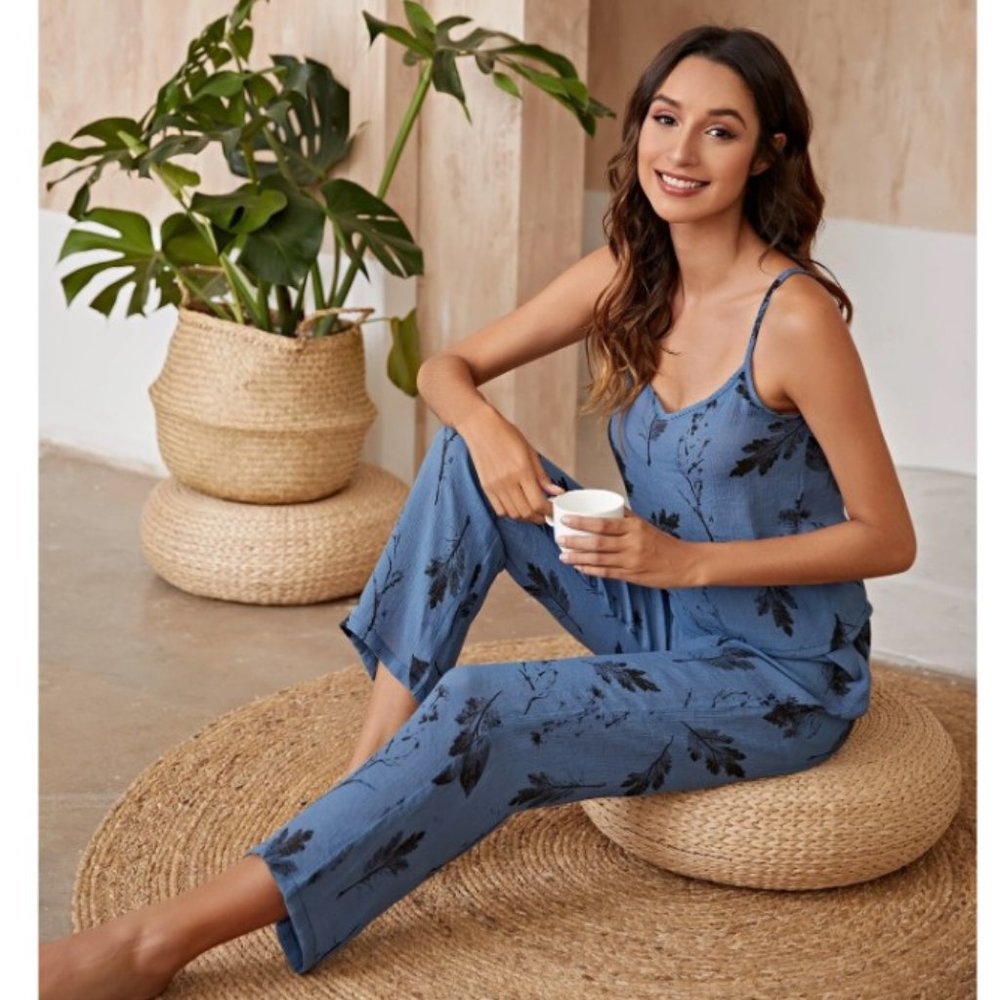 Women's Casual Plants Pajama Sets Blue  Floral *